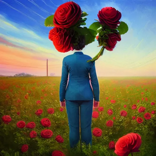 Image similar to closeup, giant rose flower head, frontal, girl in a suit, surreal photography, sunrise, blue sky, dramatic light, impressionist painting, digital painting, artstation, simon stalenhag