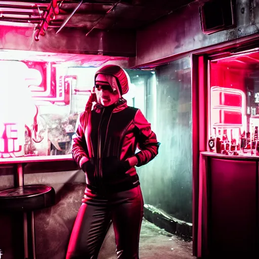 Prompt: photograph of a retro techwear women loitering near the bar of a packed busy rundown nightclub, retrofuturism, brutalism, cyberpunk, sigma 85mm f/1.4, 35mm, tilted frame, long exposure, 4k, high resolution, 4k, 8k, hd, wide angle lens, highly detailed, full color