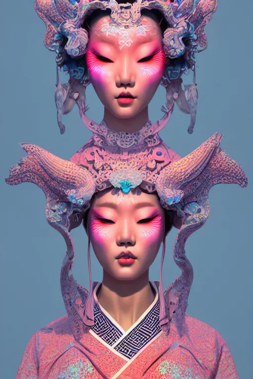 Image similar to 3 d goddess medium shot profile portrait. beautiful intricate highly detailed korean gumiho mask and traditional korean hanbok. stingray, magpie, bio luminescent, plasma, lava, ice, water, wind, creature, volumetric lighting, artwork by tooth wu and wlop and beeple and greg rutkowski, trending on artstation,