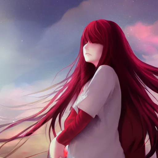 Image similar to infp anime girl with red hair, gratefully hugging the ai, atmospheric, hyper detailed digital art