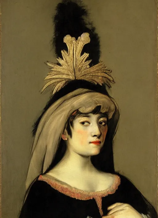 Image similar to portrait of young woman in renaissance dress and renaissance headdress, art by francisco goya