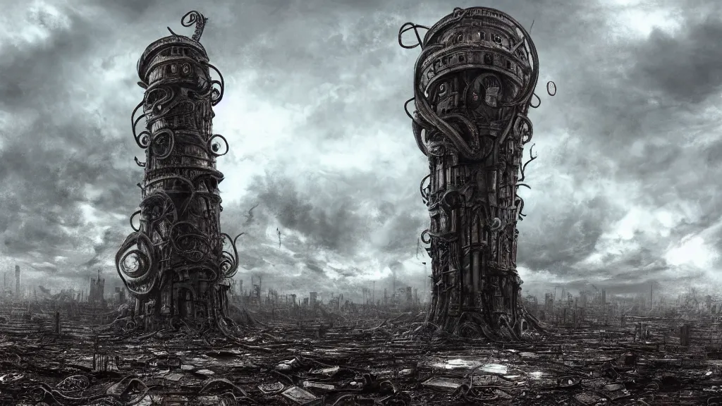 Prompt: A tower with an Eyeball at the top, BioMechanical like Giger, with tentacles coming out, looking over a stormy post-apocalyptic wasteland, dystopian art, wide lens