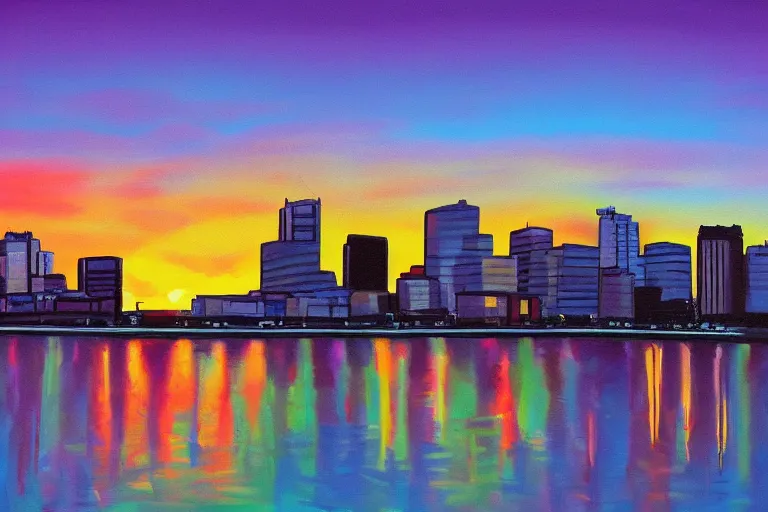 Image similar to winnipeg skyline, sunset, vivid colors, painting by tom thompson, 4 k