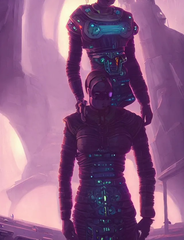 Prompt: viking scifi pricess of the bluewood fjords, wearing a lovely dress with cyberpunk details. this oil painting by the award - winning mangaka has an interesting color scheme and impeccable lighting.