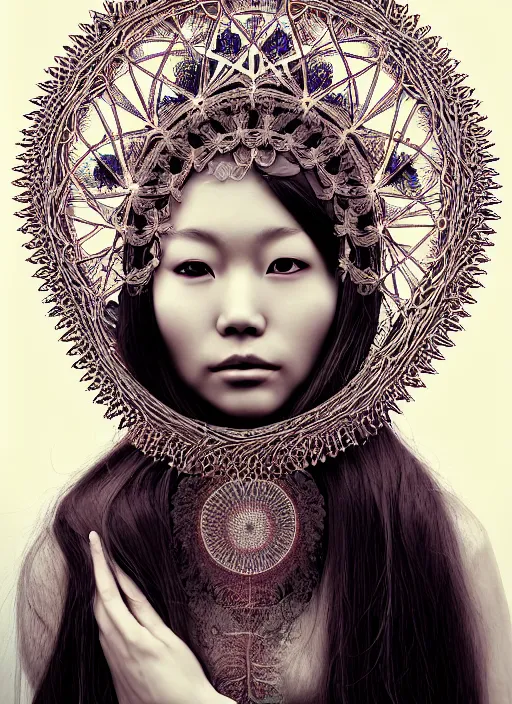 Prompt: ridiculously beautiful young asian woman with long hair by irakli nadar, several layers of intricate sacred geometry, orgasm, cosmic, natural, awakening, symmetrical, in the style of ernst haeckel and alex grey, woven doily headdress, warm, photo realistic, epic and cinematic