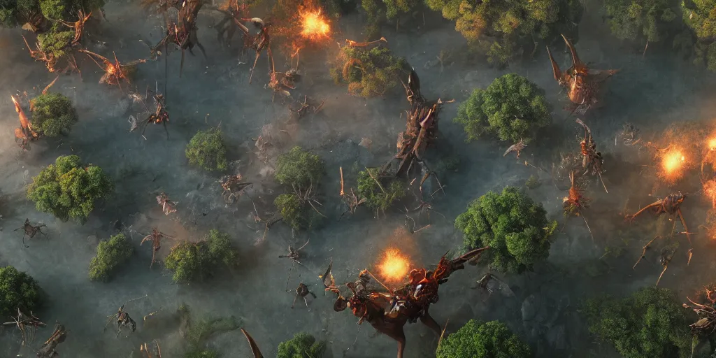 Prompt: landscape cinematic of a war between giant ants and wizards epic, raytracing, render, VFX