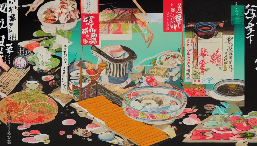 Prompt: Japan rural travel, food. craft and adventure as a kimono, isolated on a minimalist white acrylic base coat, acrylic airbrush collage-painting by Jules Julien, Leslie David and Lisa Frank, muted colors with predominant white background minimalism, neon color mixed media painterly details, neo-classical composition, rule of thirds, design tension, impactful graphic design