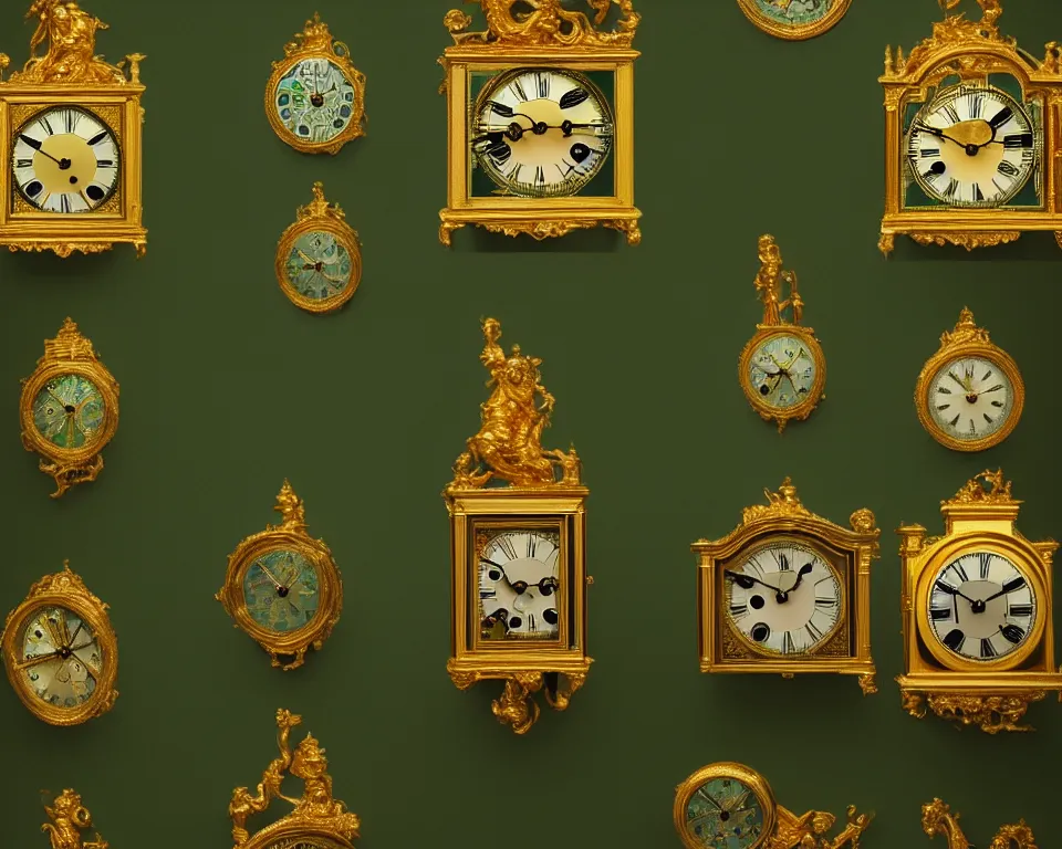 Prompt: an achingly beautiful print of dozens of ornate gold clocks on a dark green wall by Raphael, Hopper, and Rene Magritte. detailed, romantic, enchanting, trending on artstation.