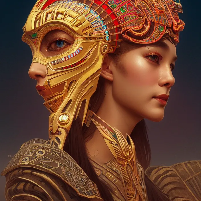 Image similar to symmetry! portrait of a sphinx, face decorated with chinese opera motifs, leds horizon zero dawn machine, intricate, elegant, highly detailed, digital painting, artstation, concept art, smooth, sharp focus, illustration, art by artgerm and greg rutkowski and alphonse mucha, 8 k