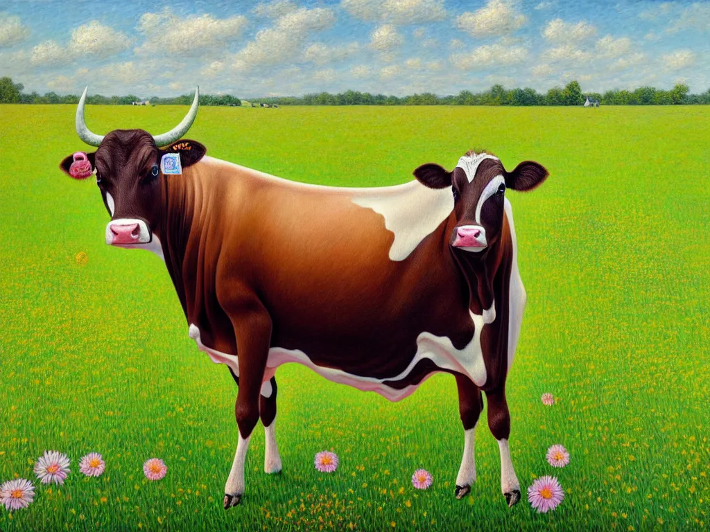 Prompt: a detailed painting of cow doing a yoga pose in a beautiful farm field in spring, aesthetically pleasing and harmonious natural colors, art by tiffany bozic, impressionism, detailed