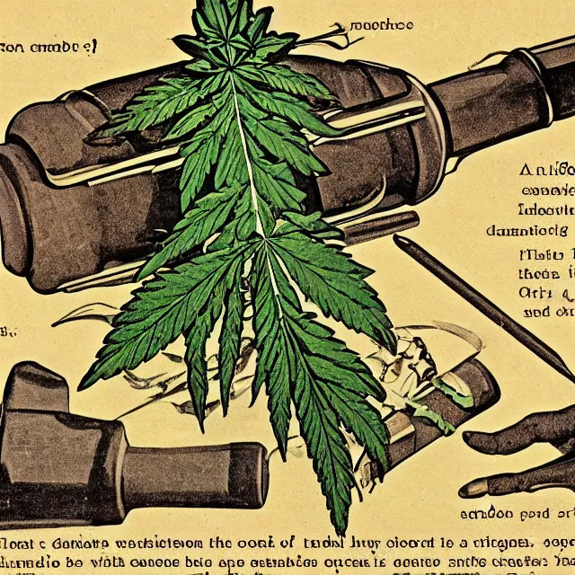 Prompt: dissection of a cannabis joint, vintage textbook illustration