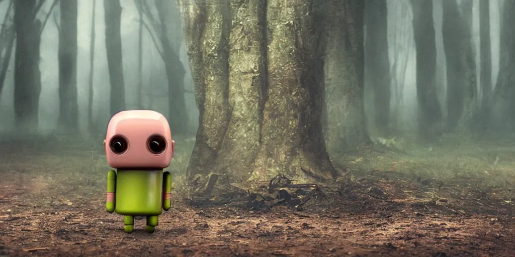 Image similar to child android abandoned in a forest, in the style of blade runner 2049