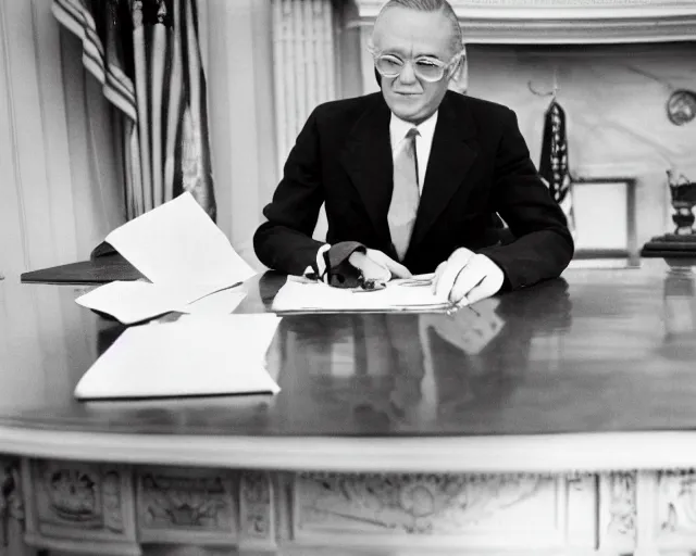 Image similar to a b-move alien lizard man wearing a suit, in the oval office, 1951, early black and white photo, cdx