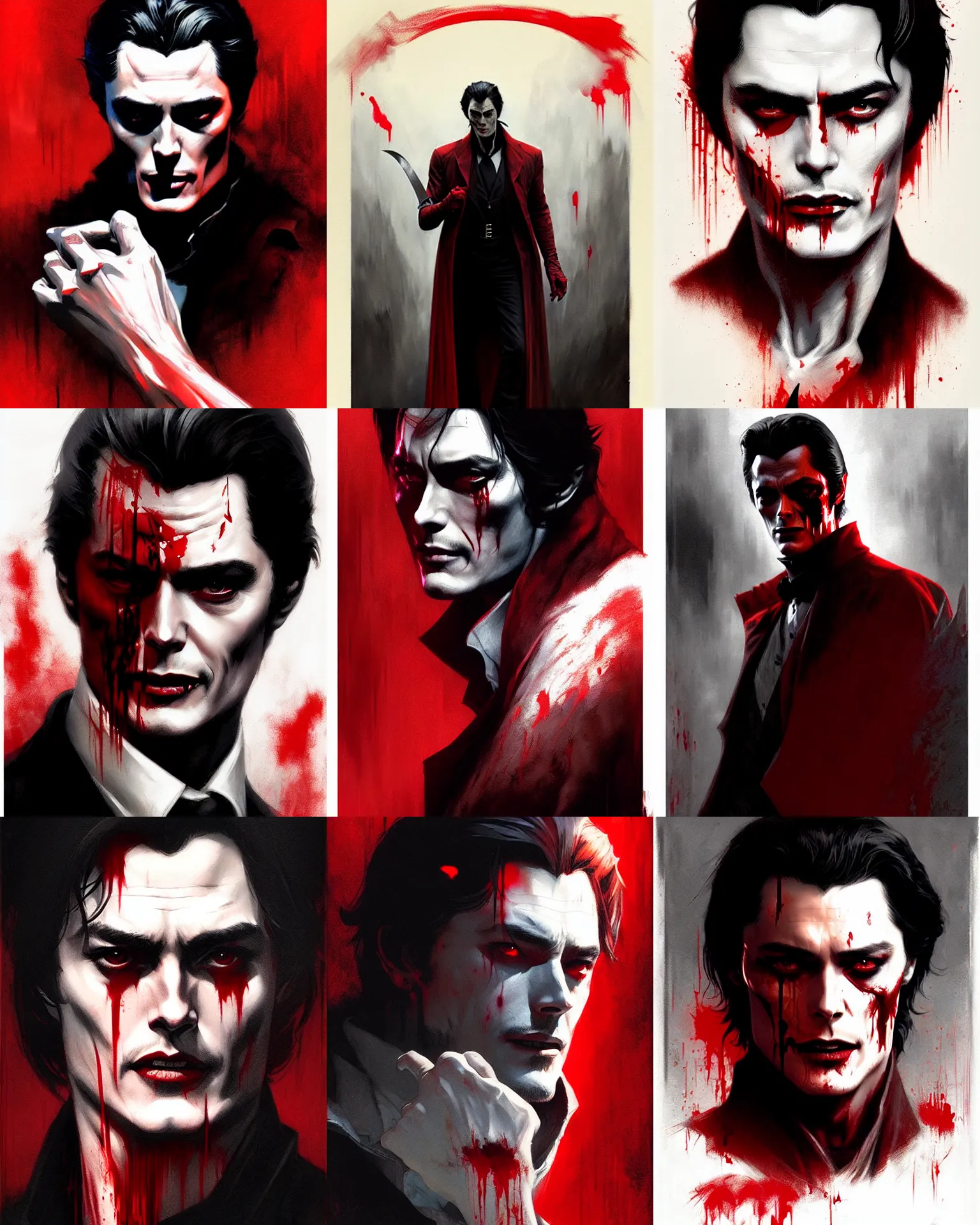 Prompt: alain delon vampire hunter, male, fine details, beaten, blood, red background, realistic shaded lighting poster by greg rutkowski, magali villeneuve, artgerm, jeremy lipkin and michael garmash and rob rey