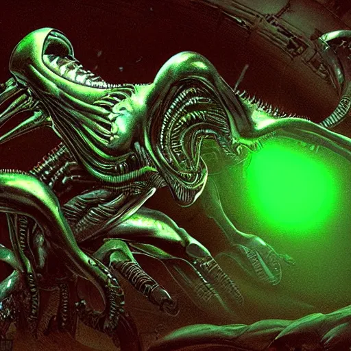 Image similar to xenomorph carrying ovomorph in xenomorph hive, dark, green light, photorealistic