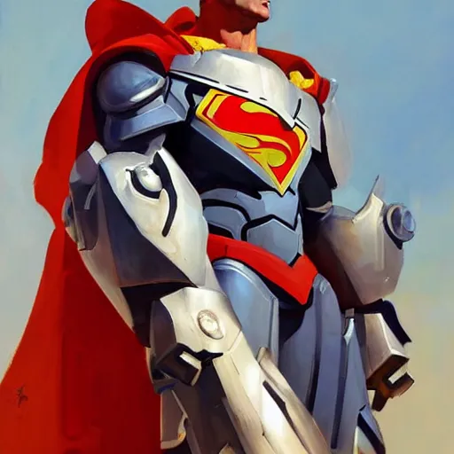 Image similar to greg manchess portrait painting of armored superman as overwatch character, medium shot, asymmetrical, profile picture, organic painting, sunny day, matte painting, bold shapes, hard edges, street art, trending on artstation, by huang guangjian and gil elvgren and sachin teng