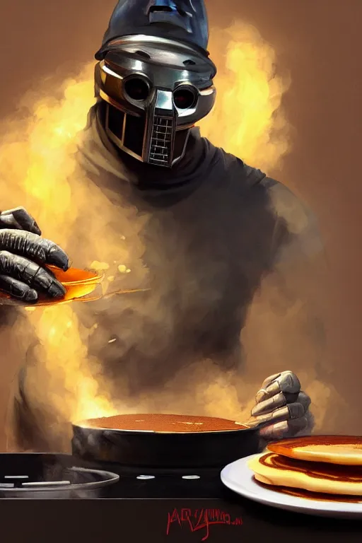 Image similar to mf doom as cooking pancakes animation pixar style, cooking show, by magali villeneuve, artgerm, jeremy lipkin and michael garmash, rob rey and kentaro miura style, trending on art station