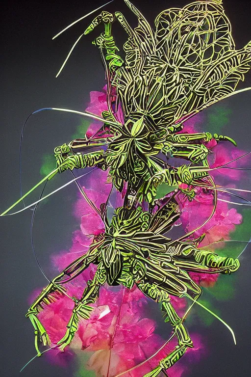 Prompt: a slim intricate super detailed anime machine with fluo color detail, and muted arm colors, that looks like a insect, on top of a painting of plastic synthetic ionized metal flower sculptures