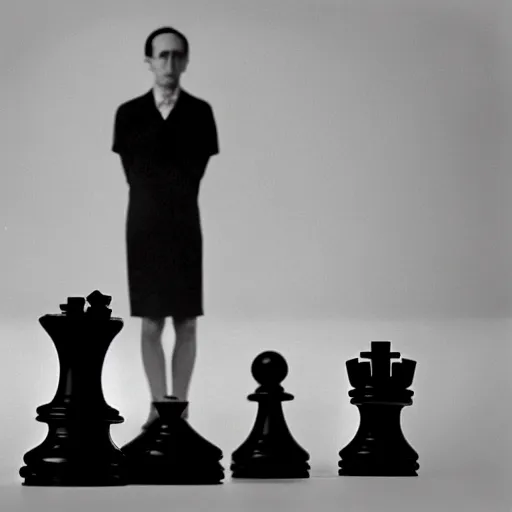 Image similar to a minimalist portrait of Marcel Duchamp holding computer cabled and chess piece in the style of Annie Leibovitz, Irving Penn, Hito Steyerl, Akira Kurosawa, Shinya Tsukamoto, wide angle, monochrome, futuristic tetsuo