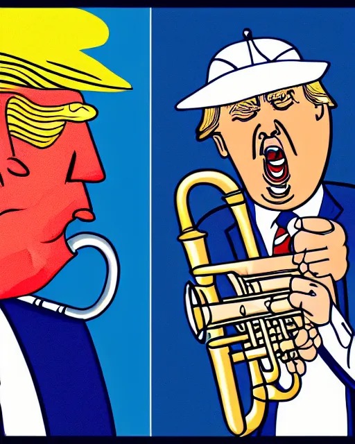 Image similar to painting portrait of trump as a trumpet, cartoon, warm lighting, trump has an trumpet, movie poster, illustration by bartek fedyczak, erak note, tooth wu, neil richards, kan liu, siwoo kim, jisu choe, trending on art station