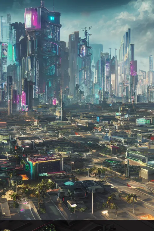 Image similar to cyberpunk city palm beach, a lot of future technologies, flying cars, unreal engine, octane render, epic scale, cinema view, 8 k