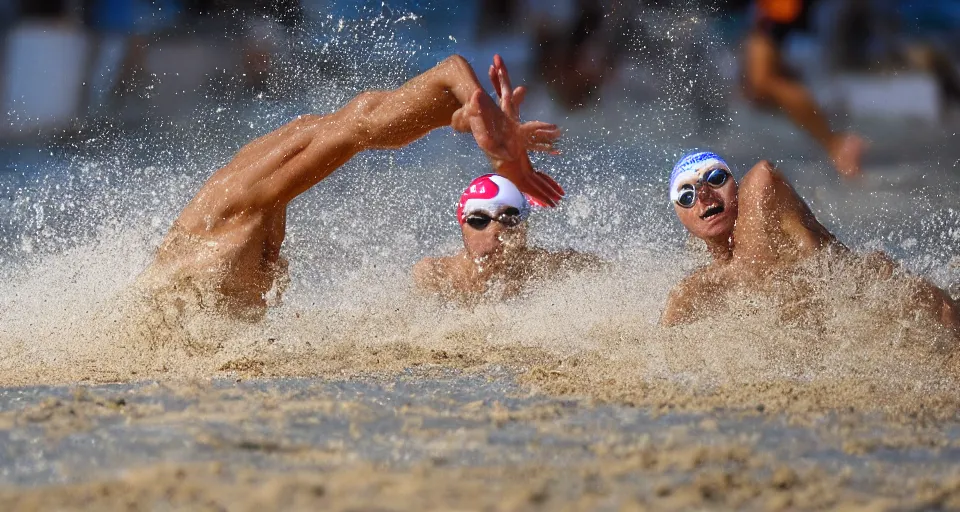 Image similar to olympic swimming in sand instead of water, extremely coherent, motion blur