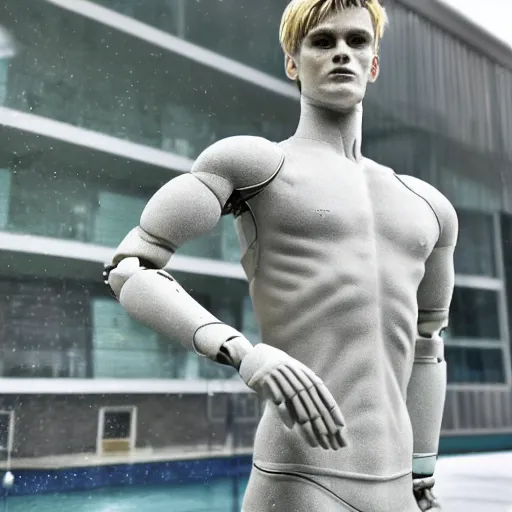 Image similar to a realistic detailed photo of a guy who is an attractive humanoid who is half robot and half humanoid, who is a male android, soccer player martin ødegaard, shiny skin, posing like a statue, blank stare, by the pool, on display, showing off his muscles, humanoid robot, frozen ice statue