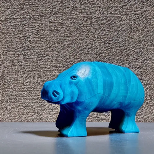 Prompt: a small simple hippo statue carved natural wood, dipped in polished blue ceramic, half and half, mixed media, side view