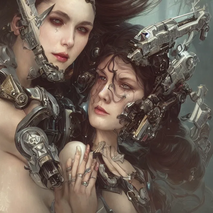 Image similar to portrait of two beautiful pale gothic cyborg maidens kissing, warhammer 40000, cyberpunk, intricate, elegant, highly detailed, digital painting, artstation, concept art, smooth, sharp focus, illustration, art by artgerm and greg rutkowski and alphonse mucha