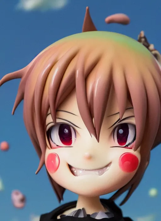 Image similar to a grotesque oil painting of a looney kawaii vocaloid figurine caricature with a big dumb goofy grin, rosy cheeks with freckles, and pretty sparkling anime eyes featured on Spitting Image by Makoto Shinkai