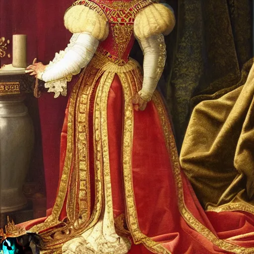 Prompt: a labrador dog wearing royal clothes, renaissance painting, high quality, queen clothes, light brown dog, high detail