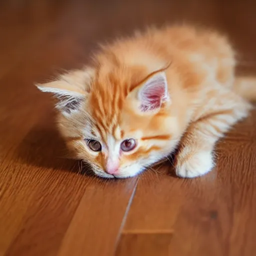 Image similar to cute fluffy orange tabby kitten, wood floor