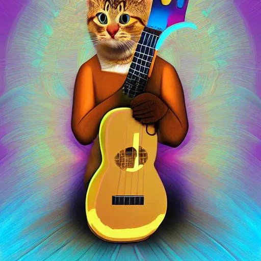 Prompt: variations of Schrodinger's cat playing the ukelele, many-worlds interpretation of quantum reality, digital art,