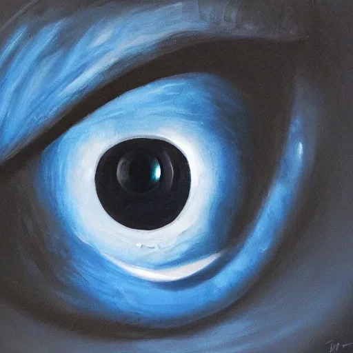 Image similar to A portrait of a humanoid eye monster, dark, blue light, black gradient background, oil painting