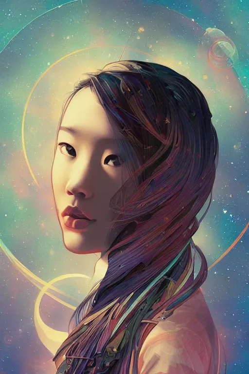 Image similar to edge of the universe, asian girl, space, stars, starship, digital art, smooth defined outlines, vector background, by brom, trending on artstation, alphonse mucha, tom bagshaw, sargent