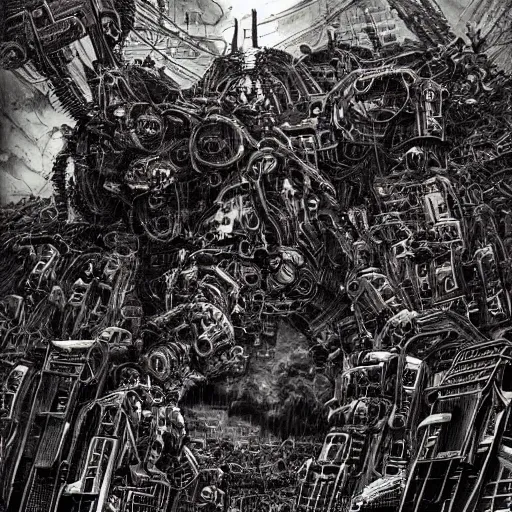 Prompt: mecha from hell, wind, hell machine, by nekro godmachine victo ngai yoji shinkawa junji ito shintaro kago apophasis hyperrealism, ominous, dark powers hellscape vibrant death colors oil dripping, insanity wires, schizophrenic machine dream, god complex, lucifer robot, incredible, huge, cityscape destruction,