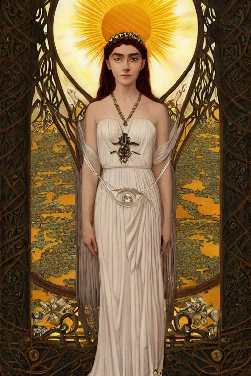 Image similar to a full body art nouveau portrait of a 16-year old sun goddess who resembles Audrey Hepburn and Saoirse Ronan with a worried, intense gaze and slightly opened mouth, ornate intricate iridescent mother-of-pearl jewelry, intricate, elegant, highly detailed, digital painting, artstation, concept art, smooth, sharp focus, illustration, art by John William Waterhouse and Bouguereau and Donato Giancola and alphonse mucha