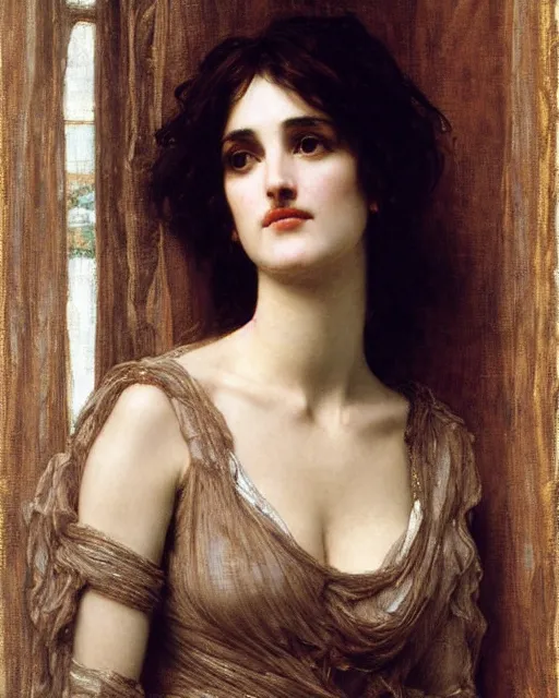 Prompt: portrait en buste of winona ryder in repose by John William Waterhouse, Frederic Leighton, true-to-life, flowing realistic fabric, abundant detail
