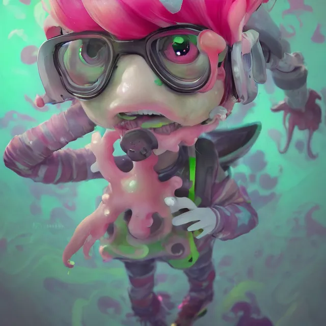 Image similar to a beautiful fullbody portrait of a cute splatoon anime boy with pink hairand green eyes. character design by cory loftis, fenghua zhong, ryohei hase, ismail inceoglu and ruan jia. artstation, volumetric light, detailed, photorealistic, fantasy, rendered in octane