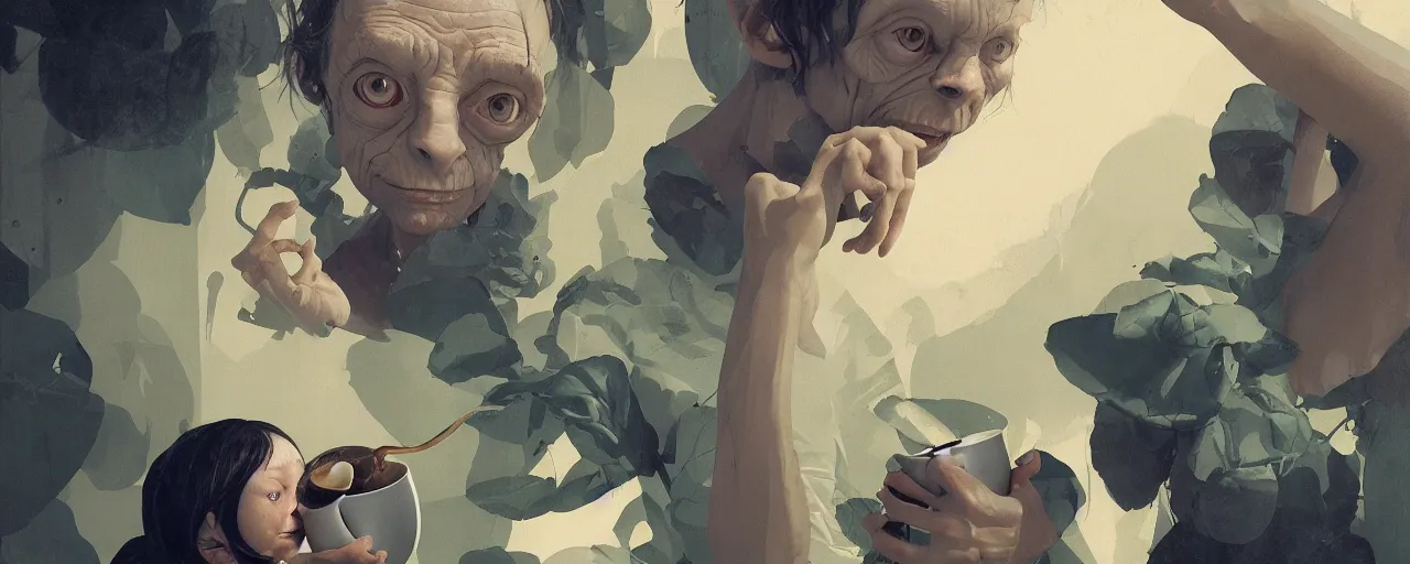 Prompt: duotone olive illustration 3 / 4 portrait of gollum drinking cup of coffee symmetrical composition accidental renaissance golden ratio. by sachin teng and sergey kolesov and ruan jia and heng z. graffiti art, scifi, fantasy, hyper detailed. octane render. concept art. trending on artstation