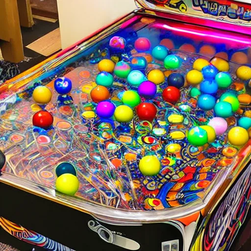 Prompt: a pinball machine overflowing with coloured marbles
