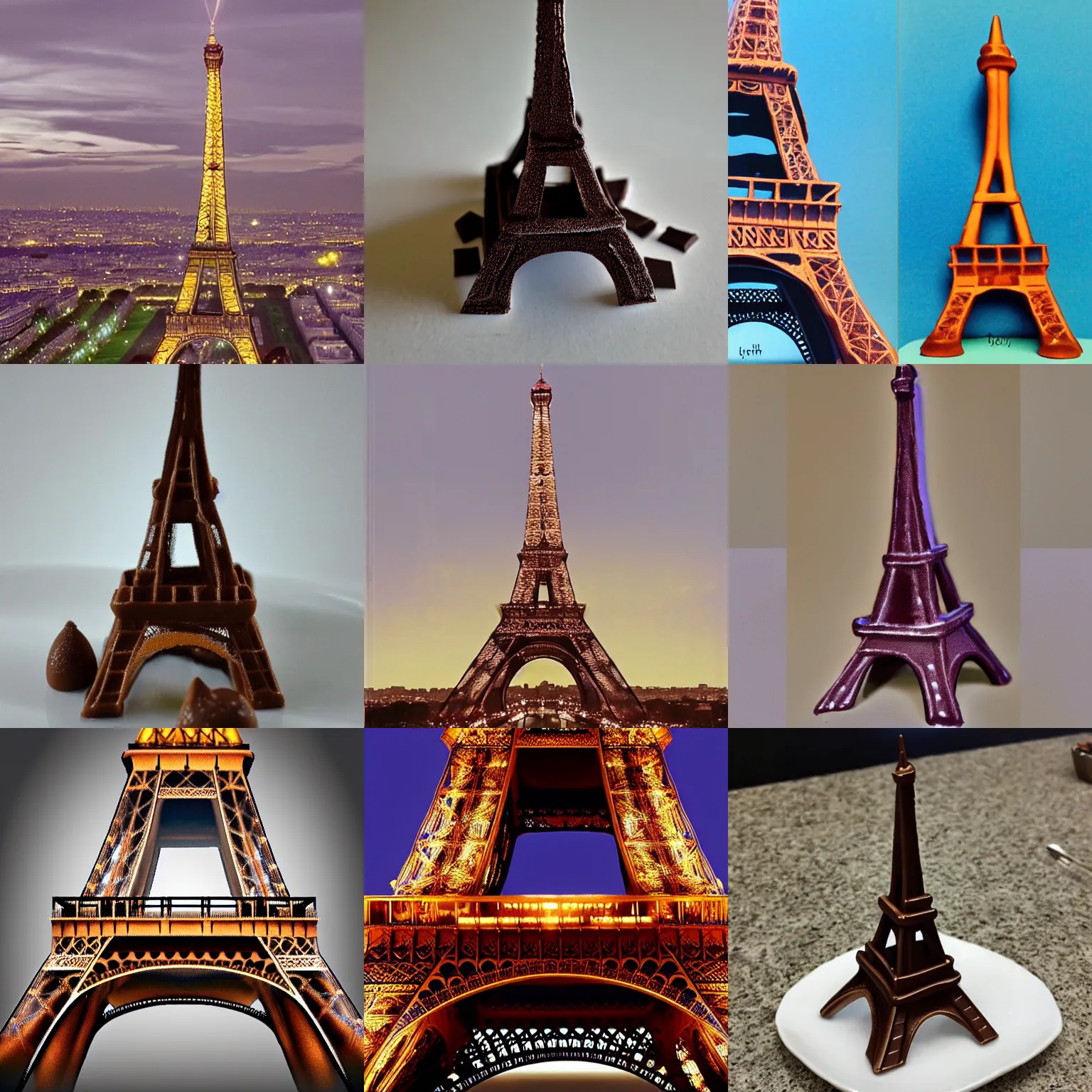 Prompt: eiffel tower made of chocolate melting, photorealistic, 8 k