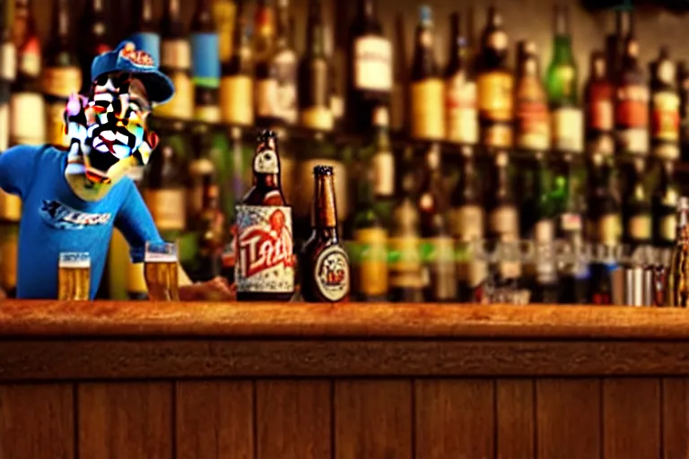 Image similar to a drunken bottle of beer stands a bar yelling at the bar tender, pixar