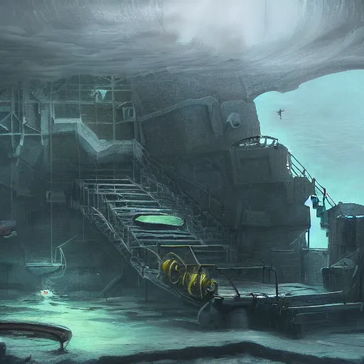 Prompt: underwater mining station, dark, sinister, brush strokes, heavy paint, gradients, highly detailed, cinematic matte painting, concept art, smooth, sharp focus