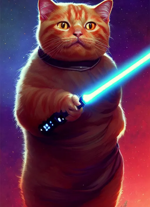 Image similar to a fat ginger cat holding a lightsaber, star wars, beautiful glowing lights, sci - fi, stunning, intricate, elegant. highly detailed, digital painting. artstation. smooth. sharp focus. illustration. art by artgerm and greg rutkowski and alphonse mucha