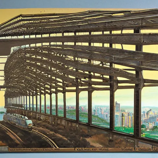 Prompt: placid carboniferous by john philip falter. a installation art of a cityscape. the installation art shows a view from an elevated train line of the city below.