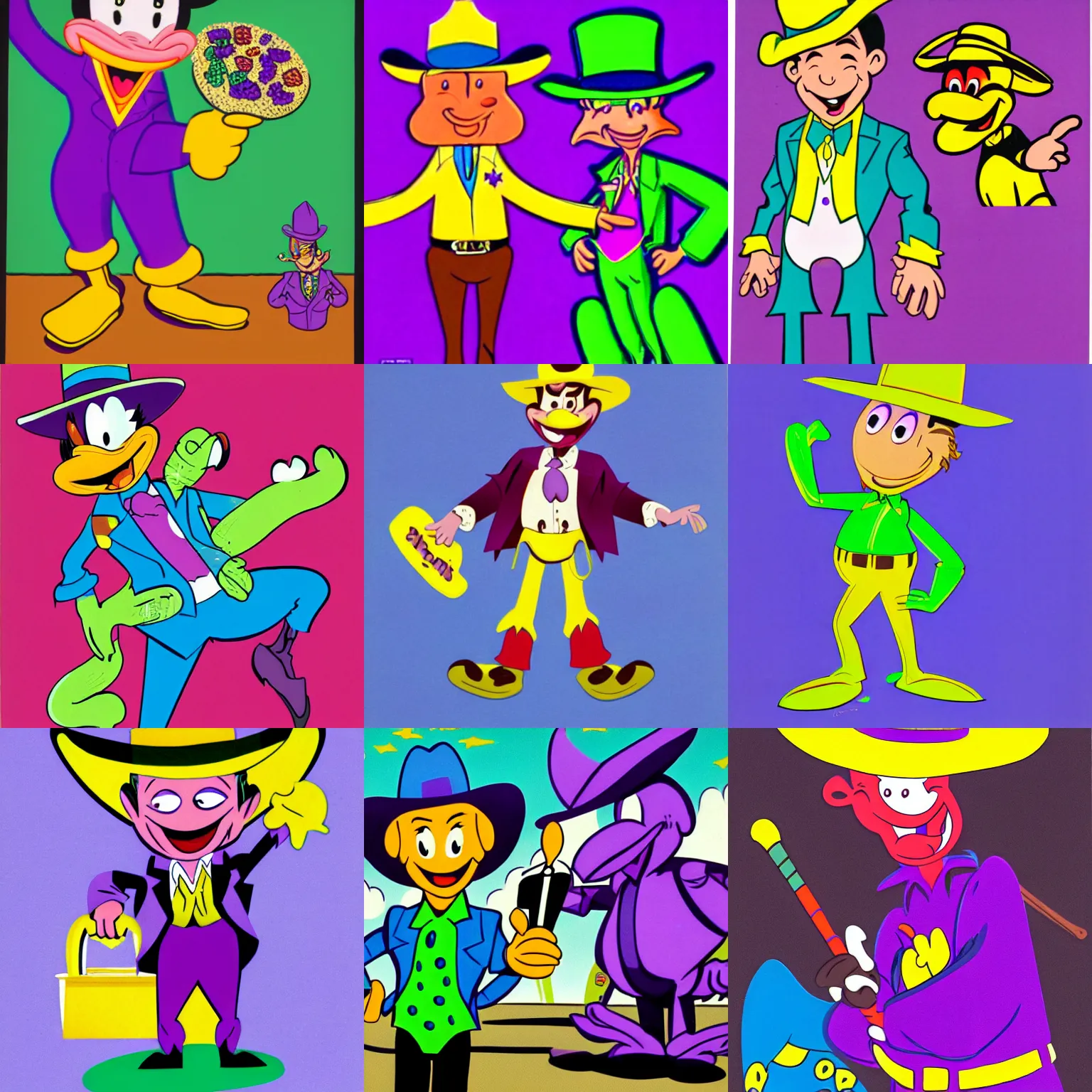 Prompt: 1990's childrens cartoon cereal mascot resembling a purple alligator cowboy salesman standing in front of blank background, character design by disney