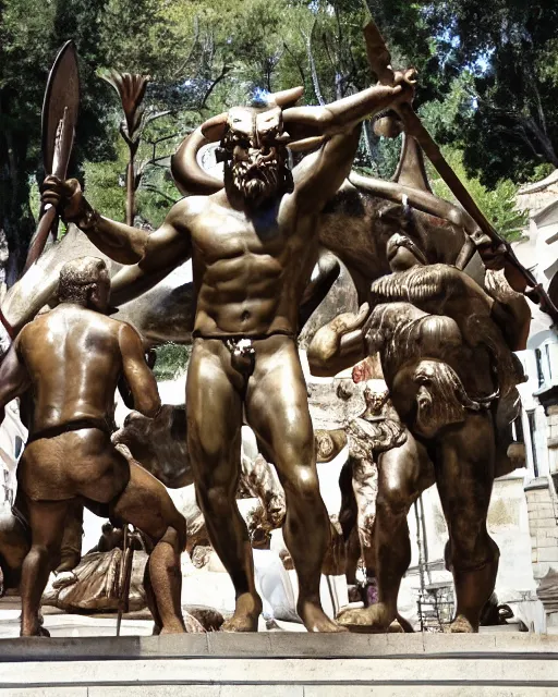 Image similar to jason and his argonauts sail by a gigantic bronze statue of a minotaur, bull man hybrid being holding a spear and shield, atmospheric, mythological