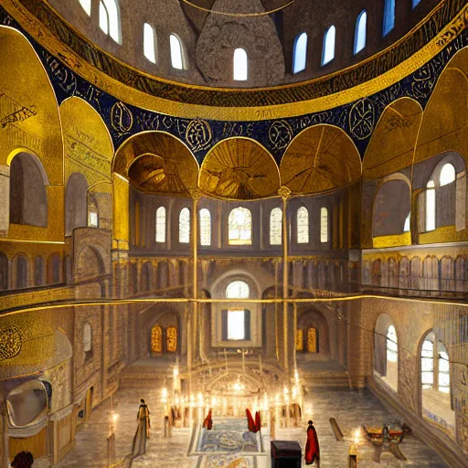 Prompt: divine liturgy being held inside the hagia sophia church, highly detailed, digital painting, concept art, sharp focus, by makoto shinkai