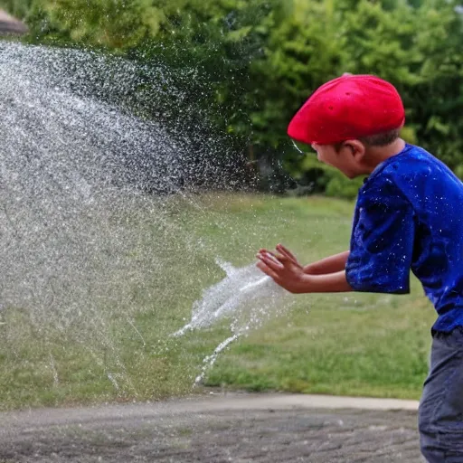 Prompt: a boy throw water to a beautiful flower